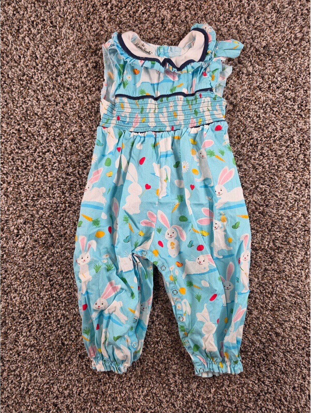 Marie Nicole Baby Girls Sz 12-18M Smocked Romper Easter Bunny Print Blue